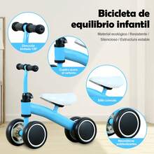 Bicicleta de equilibrio infantil 4 ruedas correpasillos para bebé 1-3 años triciclo para interior y exterior, asiento y manillar ajustables, ruedas silenciosas antideslizantes, regalo para niña y niño - Azul - Ver 6