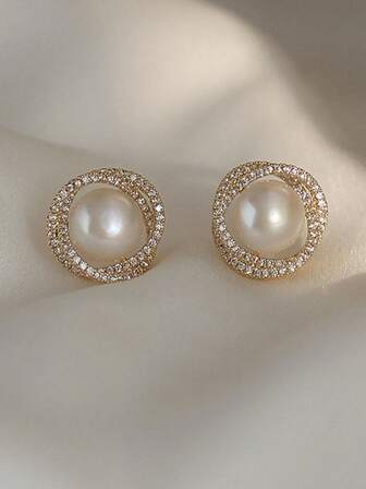 1 Pair Twisted Spiral Faux Pearl Stud Earrings, Fashionable & Petite Women's Earrings, Valentine's Day Gift