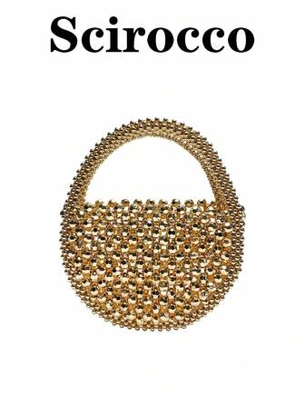 Bolso de lujo hecho a mano con cuentas, de estilo europeo y americano de moda 2025, bolso de mano en forma de media luna tejido de nicho francés