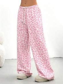 女士粉色豹纹抽绳直筒裤，休闲长裤，带口袋，弹力涤纶面料 - 粉色 - 查看 4
