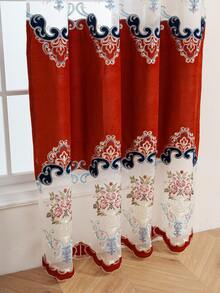 1pc Double Row European Flower Embroidered Perforated Curtain, Luxury Hollow Embroidered Perforated Curtain In European Style, Suitable For Living Room, Bedroom, Dining Room, Kitchen Windows, Home Decor - Red - View 7