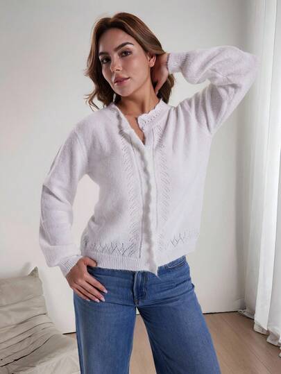 女士轻盈优雅开衫上衣，时尚纯色毛衣，奢华衬衫，宽松纽扣设计开衫上衣，适合乡村和城市度假和家居服，秋冬季