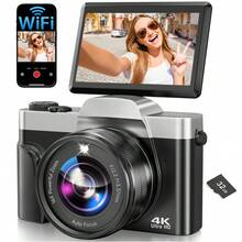 Nicamery 4K数码相机，带WiFi，6400万像素自动对焦Vlog相机，适用于视频博客，3英寸180°翻转屏，青少年便携式旅行相机，包含32GB SD卡，16倍光学变焦，图像稳定功能，2块电池（黑色） - 黑色 - 查看 2