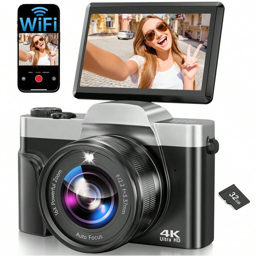 Nicamery 4K数码相机，带WiFi，6400万像素自动对焦Vlog相机，适用于视频博客，3英寸180°翻转屏，青少年便携式旅行相机，包含32GB SD卡，16倍光学变焦，图像稳定功能，2块电池（黑色）