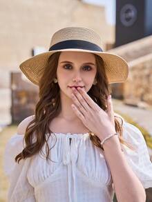 1 buc. Pălărie de paie pentru femei, pălărie de soare cu bor plat, protecție UV la modă și elegantă, pălărie de vară pliabilă - Kaki - Vizualizare 1