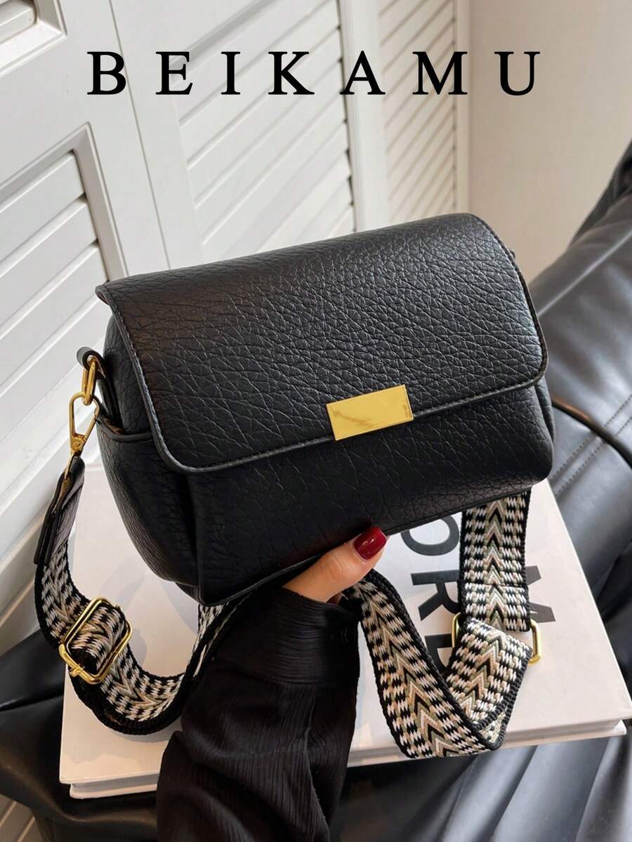 BEIKAMU New Black Embossed Leather Women's Handbag, Gold Metal Buckle Woven Strap Shoulder/Crossbody Bag, Niche High-End Casual Commute Versatile Small Purse - Black - View 1