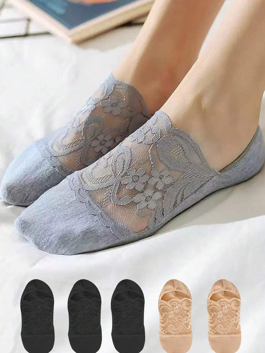 5双装时尚女式蕾丝隐形短袜，不露踝部，夏季透明低帮船袜，防滑花朵图案 - 彩色 - 查看 1