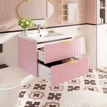 Wall-Hung Vanity Unit With A Single Basin And Double Compartment, Made Of Moisture-Resistant MDF, With A Stain-Resistant Ceramic Basin And An Unlacquered Melamine Surface. Space-Saving And Available In Pink. - Pink and White - View 6