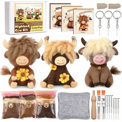 Kit de fieltro de aguja, kit de fieltro de aguja de familia de vaca de las tierras altas para principiantes con instrucciones, lana, agujas de fieltro, almohadilla de fieltro, kits de fieltro de lana para principiantes decoración del hogar (color de accesorio aleatorio)
