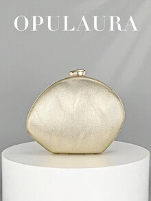 Túi cầm tay da sang trọng hình vỏ sò tối giản OpulAura dành cho nữ, Ví cầm tay dự tiệc sang trọng và quyến rũ, Túi xách lấp lánh cho tiệc tối trang trọng, Đám cưới lãng mạn, Có dây xích - Vàng - Xem 2