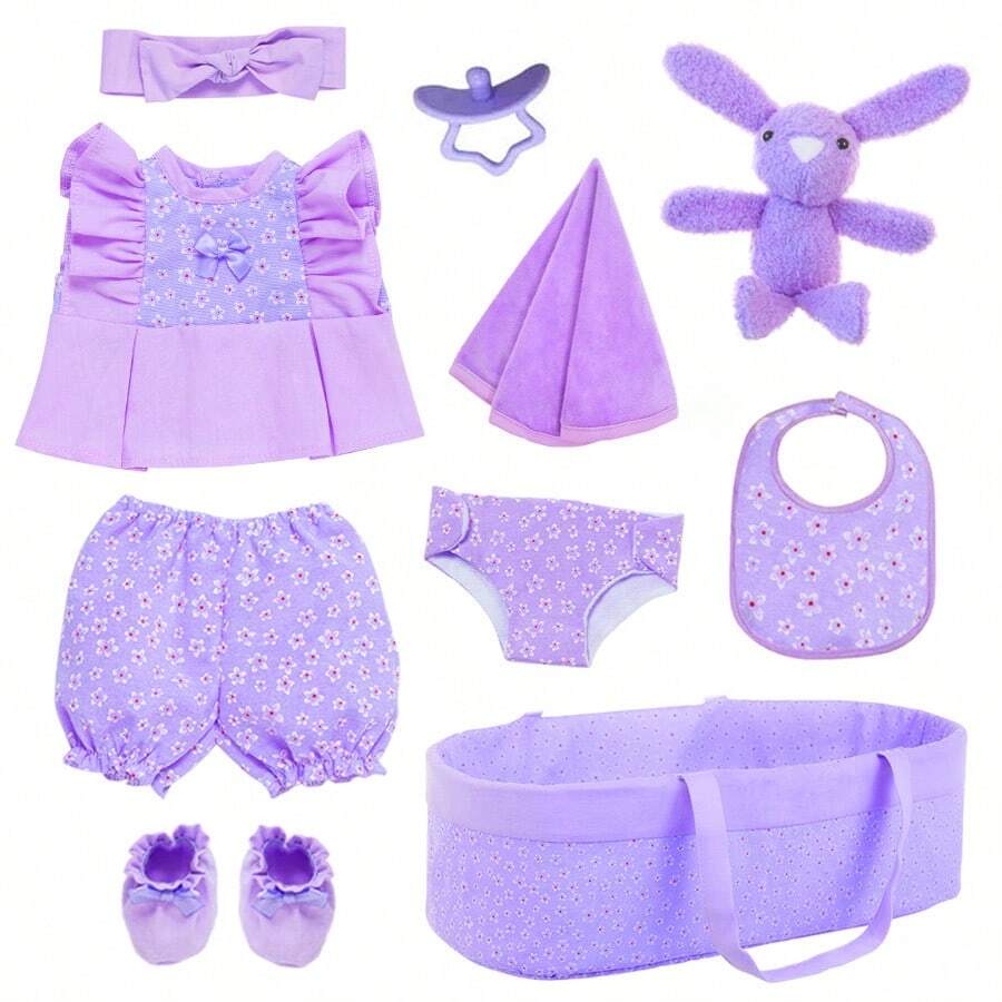 10-Piece 18-Inch Baby Doll Basket Set Includes Doll Clothes, Bassinet, Doll, Bibs, And Pacifiers. A Great Gift For Girls, Baby Dolls, Children's Toys, Party Favors, Doll Accessories, And Holiday Gifts. - Purple - View 1
