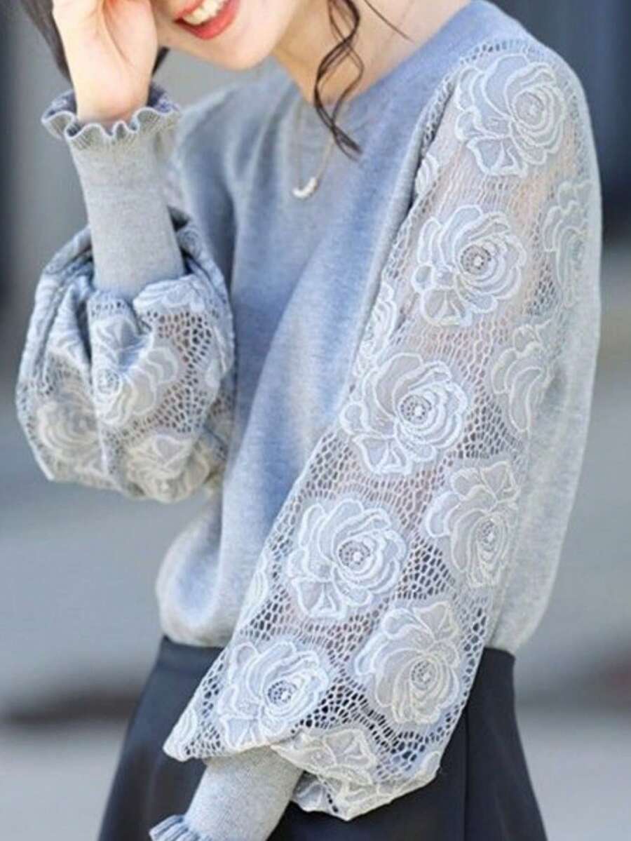 Autumn And Winter Temperament Lace Patchwork Long Sleeved Round Neck Pullover Sweater For Women, Solid Color Base Knit Sweater - Grey - View 1