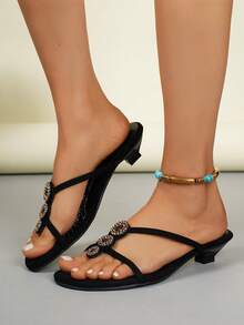 Teenage Girls' Bohemian Crystal Embellished Sandals, Summer Wedge Thong Slippers, Embroidered Rhinestone Beach Shoes, Versatile For Party, Holiday, Banquet - Black - View 2