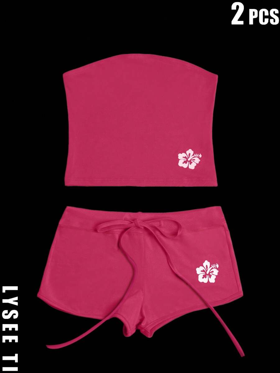 Bộ 2 món gồm áo không tay hở lưng phong cách Y2K và quần short in hoa, trang phục mùa hè gợi cảm cho nữ, kiểu dáng đi biển. - Màu Hồng Tươi - Xem 1