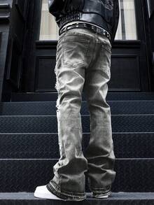 男士喇叭牛仔裤，修身破洞喇叭裤，Y2K堆叠式牛仔裤，撞色水洗刺绣牛仔裤，适合所有季节 - 灰色 - 查看 2