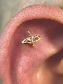 1 szt. Kolczyki z płaskim tyłem w kształcie gwiazdy ze srebra próby 925 dla kobiet, pozłacane 18-karatowym złotem, hipoalergiczne kolczyki z zakrętką, małe kolczyki do chrząstki tragus, przekłucie helisy, biżuteria do wrażliwych uszu - Złoto - Zobacz 3