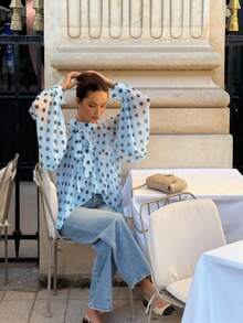 Women's Elegant Casual Fashion Sky Blue Polka Dot Pattern Shirt - Bow Tie, Lantern Sleeve, Loose, Pleated, Semi-Sheer - Baby Blue - View 3