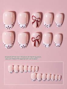 24片椭圆形可爱蝴蝶结蕾丝法式美甲贴纸，花卉美甲设计，白色法式贴片，短款完美贴合，亚克力假指甲套装，包含：1片果冻胶和1个指甲锉，法式美甲适合女性和女孩日常、派对、情人节和其他场合。 - 彩色 - 查看 4