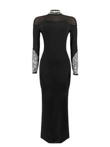 Einfarbiges Kleid mit Rundhalsausschnitt, Langarm, transparent, sexy mit Strass, elegant mit Schlitz, glamourös für Geburtstagsfeiern, Hochzeiten, formelle Abendessen, Silvester, Valentinstag, Schwarze Frühlingsparty - Schwarz - Übersicht 5