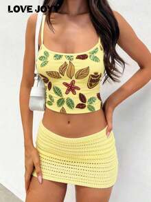 LOVE JOYY 女士树叶印花吊带背心，修身黄色短款上衣，适合海滩度假和夏季穿着 - 彩色 - 查看 4