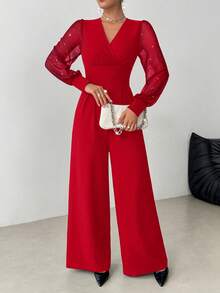 Elegant Women's Jumpsuit, Graceful Solid Color V-Neck Long Sleeve Jumpsuit - Straight Leg Design, Mesh Sheer Panels, Rivet Decor, Machine Washable, Showcasing Refined Style - Red - View 2