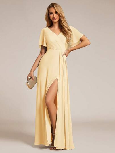Elegant Butterfly Sleeve Ruffle Slit Hem Yellow Bridesmaid Dress, Formal Evening Gown, Suitable For Wedding Attire