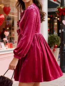 Women's Velvet Mini Dress Solid Color Long Sleeve Round Neck Front Bow Dress Casual Work Dress - Màu Hồng Tươi - Xem 2