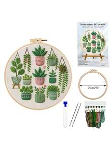 1pc Embroidery Kit, 20x20cm/7.9x7.9in Bookshelf Plant Pattern, Handmade DIY Embroidery Set, Suitable For Adults And Beginners, Includes Instructions, Printed Fabric, Embroidery Hoop And Threads. - Multicolor - View 12