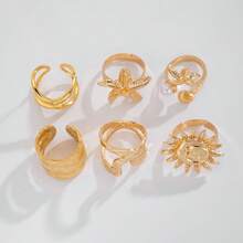 6pcs/Set Vintage Multilayer Stackable Coin Rings, Minimalist Fashion Geometric Pattern, Starfish, Sun, Faux Pearl, Ruffle, Asymmetrical Texture, Hollow Circle Rings, Elegant Retro Design, Suitable For Women's Festivals, Parties, Dates, Gifts And Daily Wear - Yellow Gold - View 3