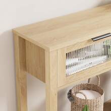 Mesa de Entrada de 43.3 Pulgadas, Mesa Consola de Madera con 2 cajones de Vidrio, Mesa de sofá de 2 Niveles con Almacenamiento para Sala de Estar, Entrada - Color de la madera - Ver 6