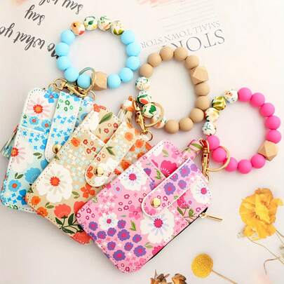 Women's Floral Wallet, Cute Wristlet With Keychain And Detachable Beaded Bracelet. Compact Clutch Purse With ID Window, Card Slots And Zipper Pocket, Stylish And Lightweight For Cash And Cards