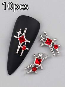 10pcs Alloy Nail Art Decoration, Star & Heart Shaped Rhinestone & Earth Design Element - Red - View 5