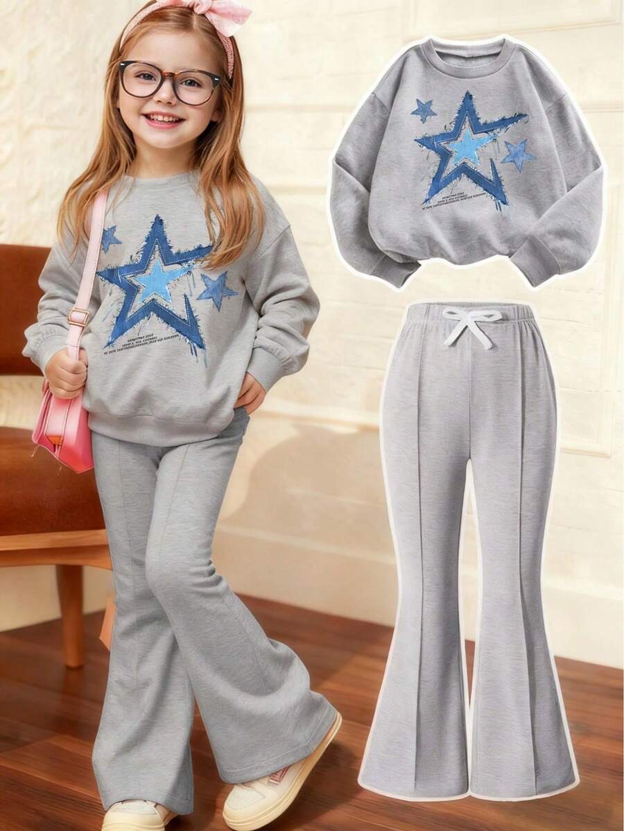 少女卡通星星印花圆领长袖卫衣和喇叭裤套装 - 灰色 - 查看 1