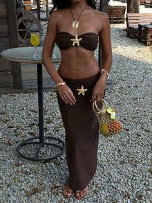 3pcs/Set Women's Elegant & Charming Sexy Beach Skirt Swimsuit Set With Starfish Decor, Summer & Valentine's Day - Brown - View 5