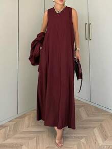两件套女士优雅酒红色衬衫和无袖圆领A字连衣裙套装，简约时尚，适合通勤、日常约会和办公穿着。 - 酒紅色 - 查看 5
