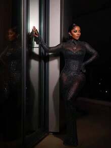 优雅性感闪亮纯色薄纱派对正式晚礼服（不含内衣） - 黑色 - 查看 5