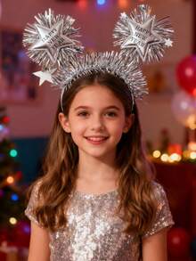 1pc Happy New Year Headband For Girls Sparkling Glitter Star Pompom Hairband Bling Bling New Year Headpiece New Year Party And Christmas Celebration Hair Hoop Elegant Unique Headwear For Cnhristmas New Year Gifts Teens Hair Accessories - Silver - View 1