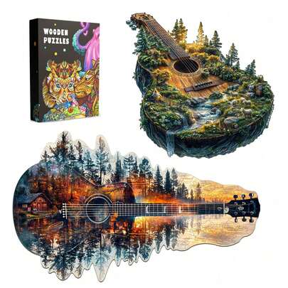 1pc Forest Guitar/Sunset Guitar Wooden Puzzle, Asymmetrical Animal Shaped Wooden Jigsaw Puzzle Toy, Unique Party Game Gift, Decorative Art Painting, Tabletop Magic Puzzle, Creative Children's Educational Puzzle, Holiday Gift, Adult Wooden Puzzle, Christmas Gift, Back To School Gift, Birthday Gift (2D Puzzle)