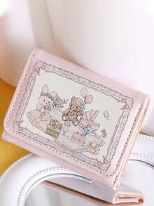 Ví gập đôi bằng da tổng hợp, họa tiết hoạt hình thỏ và gấu dễ thương, tông màu hồng và trắng nhẹ nhàng, nút bấm vàng, nhiều khe đựng thẻ và dây tua rua có thể tháo rời - Ví đựng thẻ thời trang dành cho bé gái và phụ kiện ví đáng yêu với họa tiết hoa và chất liệu mềm mại, món quà hoàn hảo cho bạn gái vào ngày Valentine hoặc năm mới (Không kèm mặt dây chuyền) - Nhiều màu - Xem 3
