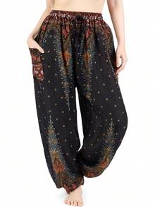 Women's Harem Pants - Boho Elephant High-Waisted Hippie Pants With Pockets Yoga, 2025 Style FWN8 - 深藍色孔雀花 - 查看 4