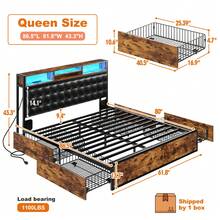 EnHomee Full/Queen/King Size LED Bed Frame With 4 Storage Drawers & Charging Station Platform Bed Frame With Upholstered Storage Headboard No Noise, No Box Spring Needed, Rustic Brown - 鏽棕色 - 查看 11
