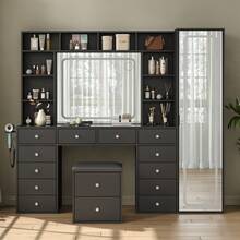 Yanosaku Vanity Desk With Full-Length & LED Mirror, 14 Drawers, 10 Shelves, Hidden Storage, Power Outlet, Dimmable 3-Color Lighting, White Makeup Vanity For Bedroom - 黑色 - 查看 10