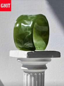 GNIT 1pc Elegant Retro Wide Resin Bangle In Green, Autumn Winter Sweater Accessory Geometric Pattern Elements, Orderly Textures And Fluctuating Curves - Green Pattern Series Bangle - View 7