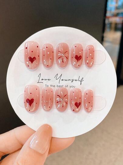 10片手工美甲贴纸，情人节礼物，秋冬美甲，圆形美甲贴纸，秋季美甲，按压式美甲，短款按压式美甲，假指甲，短指甲，亚克力按压式美甲，手工制作，可拆卸可重复使用