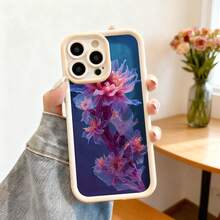 Cubierta de teléfono con borde negro diseño floral transparente y colores púrpura rosa azul para iPhone 14 Pro Max estilo elegante para uso diario y oficina - Blanco - Ver 2