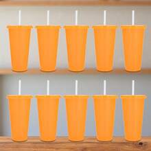 PromoClick Paquete de 10 Vasos de plástico transparente con tapa traslúcida. (Incluyen popote) Cap. 700 ml - Naranja - Ver 2