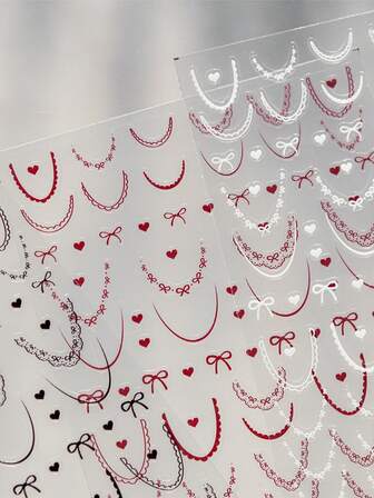 1pc Minimalist Red Lace Bow Heart French Curve 5D Nail Stickers Chic Romantic Self Adhesive Nail Art For Women's Sophisticated Manicure Decoration