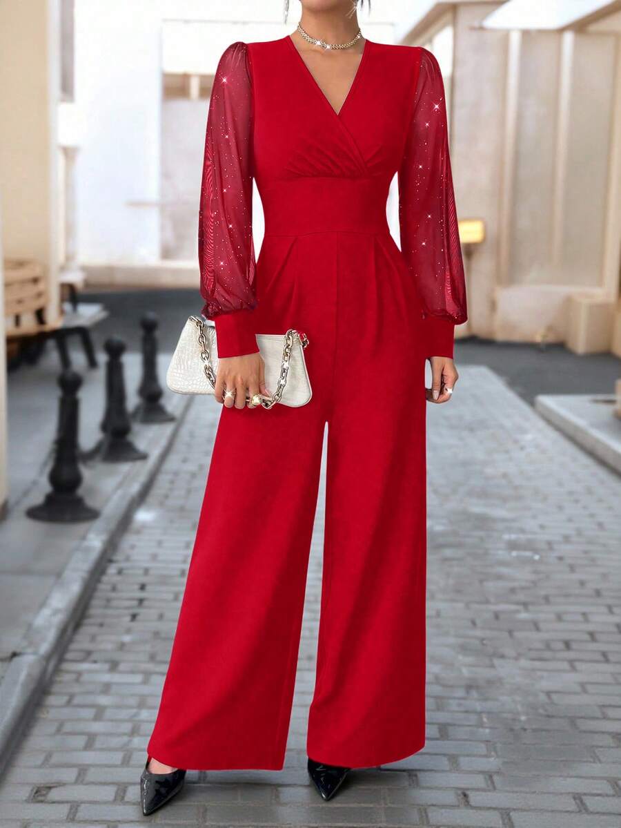 Elegant Women's Jumpsuit, Graceful Solid Color V-Neck Long Sleeve Jumpsuit - Straight Leg Design, Mesh Sheer Panels, Rivet Decor, Machine Washable, Showcasing Refined Style - Red - View 1