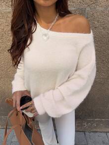 Women's New Casual Solid Color Loose Off-Shoulder Long Sleeve Sweater, Romantic Pink, Oversized Knit Top