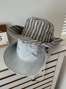 1pc Contrast Color Patch Drawstring Wide Brim Bucket Hat, Spring/Summer Sun Protection, Travel UV-Resistant